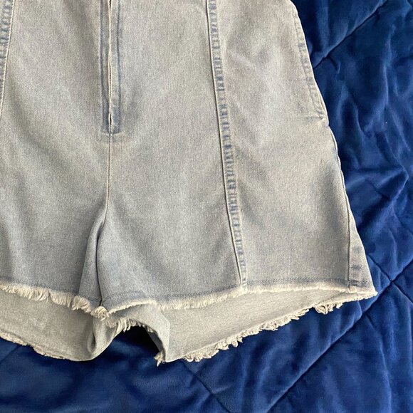 Blue Light Wash Tie-Up & Zipper Open Backless Thin Strap Denim Overalls Shorts - Picture 5 of 5